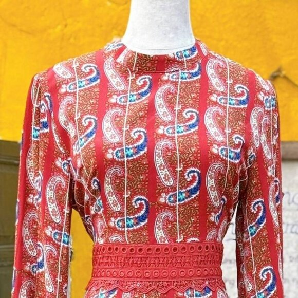 Boho Red Paisley Print Midi Dress Long Sleeve ๐บ - Picture 2 of 4